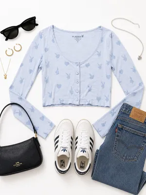 Playboy PacSun Y2K Bunny Heart Print Blue Cropped Cardigan Top Womens Small GUC thumbnail 13