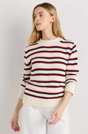 NWT Quince 100% Organic Cotton Roll Neck Sweater Off White/Navy/Red Stripe Sz XS thumbnail 1