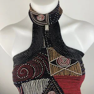 Vintage African Renaissance Multicolor Beaded Embroidered Halter High Neck Top M thumbnail 3