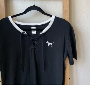 Victoria’s Secret PINK “Coffee Lover’s” Lace Up Short Sleeve Sleep Shirt/T-Shirt thumbnail 2