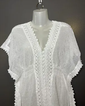 SeaSpice Cover Up Womens Medium White Crochet Mesh Lace Trim Beach Tunic Swim thumbnail 1