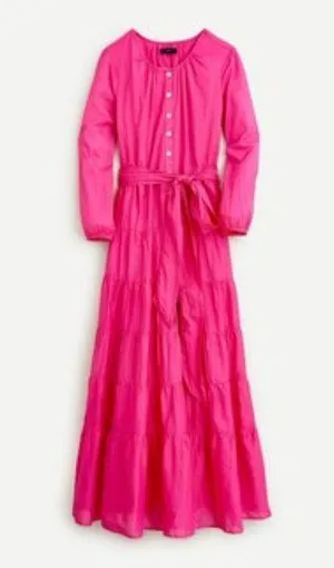 NWT J.Crew Belted Button-up Maxi in Neon Flamingo Pink Tiered Cotton Dress XS thumbnail 1