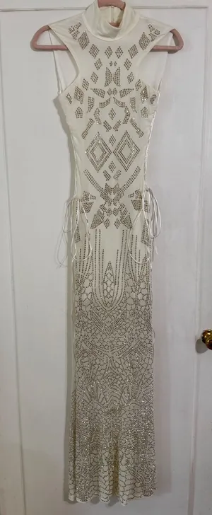A'GACI White Gold Studded Mock Neck Lace Up Side Maxi Dress Small thumbnail 1
