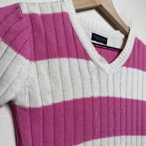 VTG Y2K Faded Glory Women Preppy Sweater XS Pink White Striped Cable Knit thumbnail 3