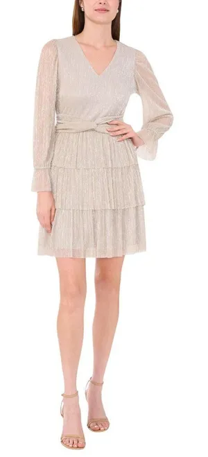 NWT 1. STATE Womens Metallic Crinkled Tiered V-Neck Dress Silver Gray / Gold XS thumbnail 1
