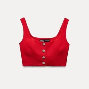 Zara Red Rhinestone Button Corset Crop Top Vest Size XS‎ Structured Boned NWOT thumbnail 2