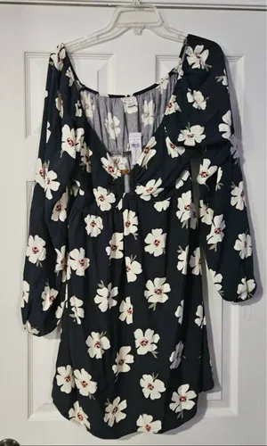 American Eagle Outfitters Black Floral Keyhole Babydoll long sleeve Dress XL. thumbnail 6
