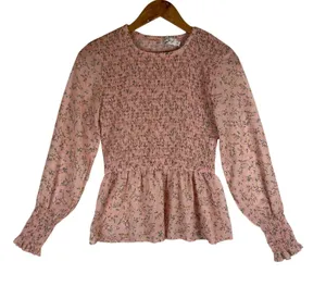 Petal + Pup Pink Floral Smocked Peplum Top Long Sleeve Shirred Blouse Small thumbnail 1