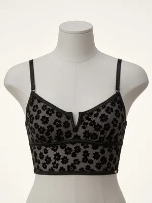 PINK Victoria's Secret Black Floral Mesh Notch V Crop Top Bralette Cami Bra XS thumbnail 1