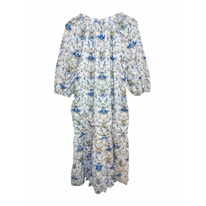 Tuckernuck Dress Womens M Blue White Floral Cotton Puff Sleeve Tiered Midi thumbnail 3