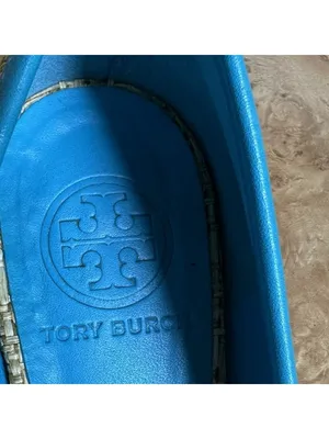 Tory Burch Reva Raffia Ballet Flats Blue Leather Trim Gold Logo Size 7M thumbnail 7