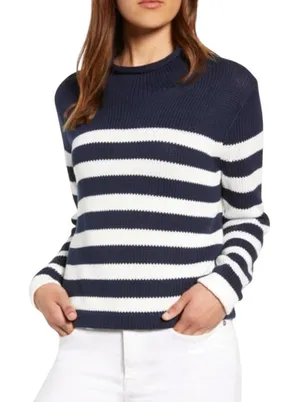 J Crew Always Womens XS Navy White Striped Cotton Mock Neck Shaker Knit‎ Sweater thumbnail 1