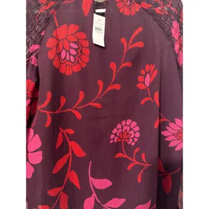 Ann Taylor Plum Red Floral Smocked Mock Neck Blouse Sheer Long‎ Sleeve NWT S thumbnail 9