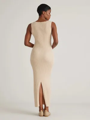 Quince Cotton Cashmere Ribbed Sleeveless Midi Dress Sz L Heather Oatmeal Summer thumbnail 7