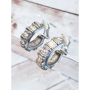 Vintage Clip On Earrings - Elongated Thick Hoops with Gems - Tarnished thumbnail 2