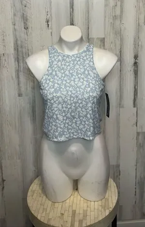 Freshman Blue Floral Halter Crop Top Open Back Tie Blouse Size L thumbnail 1