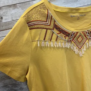Rebecca Malone Womens XL Top Southwestern Yellow Embroidered Boho Tassel Fringe thumbnail 2