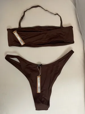 SKIMS 2Pc SET Bandeau Bikini Top & Cheeky Tanga Bottom Cocoa Brown Size XL thumbnail 7