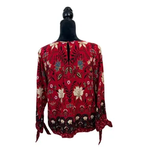 Loft Womens Red Floral Paisley Long Sleeve Tie Cuff Blouse Size M Bohemian thumbnail 3
