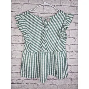 &merci Gingham Peplum Blouse Size L Green White Ruffle Cap Sleeve Tie Back Top thumbnail 4