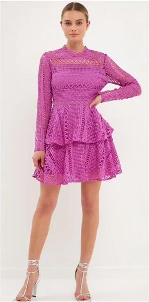 NWT Endless Rose Fuchsia Crochet Lace Peplum Mini Dress Large L Wedding Guest thumbnail 1