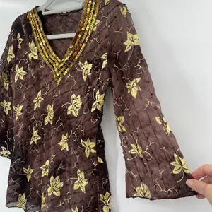 Y2K Boho Sheer Sequin Top Sz M Stevie Nicks Festival Embroidered Brown Indie thumbnail 4