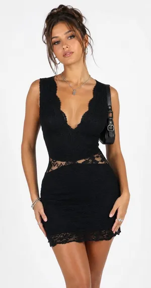 Windsor M Medium Dress Bodycon Black Lace Whimsygoth Fairy Coquette Sexy Stretch thumbnail 1