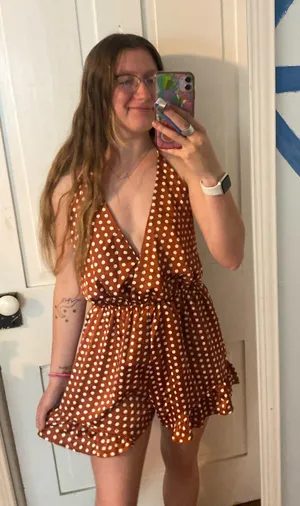 polka dot halter neck romper play suit in burnt orange thumbnail 2