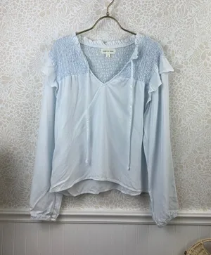 Cloth & Stone Light Blue Tencel Smocked Pullover Peasant Blouse - Size - Medium thumbnail 1
