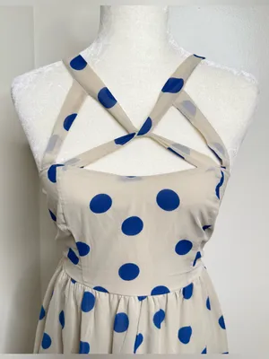 Lottie & Holly Polka Dot Fit & Flare Dress Size 8 Beige Blue Criss Cross Straps thumbnail 4