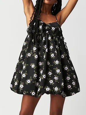 Free People Bubble Black Floral Mini Dress with Lavender & Green Accents thumbnail 1