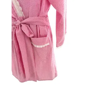 Eileen West Pink White‎ Seersucker Robe S M Stripe Cotton Blend Lace Trim Wrap thumbnail 3