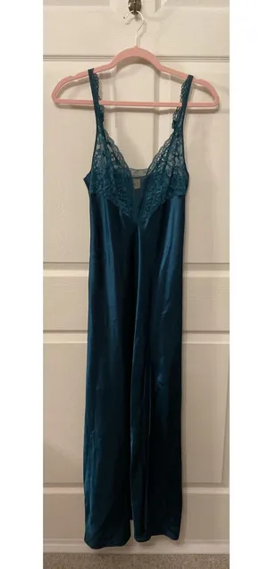 Vintage Victoria’s Secret Gold Label Satin Lace Teal Slip Side Slit Gown, M thumbnail 4