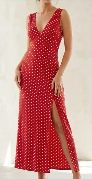 Missguided Women’s Red Sleeveless V-Neck Polka Dot Deep Plunge Slit Maxi Dress 4 thumbnail 1