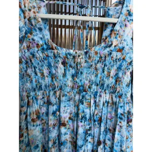 Anthropologie Floral Print Blue Midi Dress Puff‎ Sleeve Smocked Casual Size XS thumbnail 7
