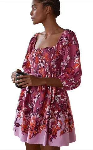 Alexandra Farmer for Anthropologie Smocked Pink Floral Mini Dress Small Petite thumbnail 1