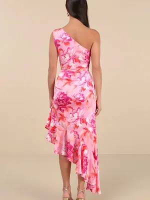 NWT LULUS Women’s Divinely Blooming Pink Multi Floral One-Shoulder Dress Size M thumbnail 2