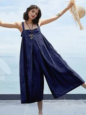 NEW Oversized Cotton Sleeveless Cotton Jumpsuit Adjustable Straps M Navy Blue thumbnail 1