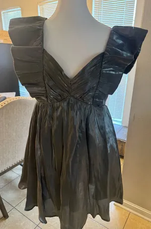 Entro metallic gunmetal silver hoco party dress thumbnail 1