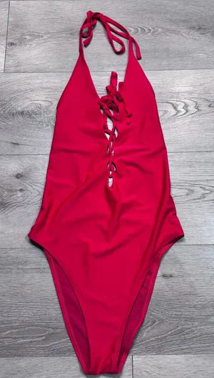 Aerie Womens Red Lace Up‎ Plunging Halter One Piece Swimsuit Size Medium M thumbnail 1