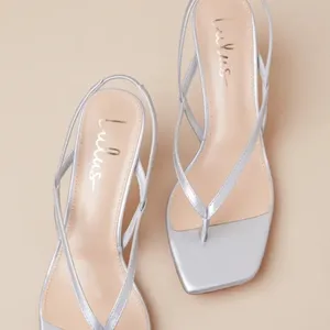 NIB Lulus Lavonna Silver Thong Slingback Kitten Heel Sandals thumbnail 3