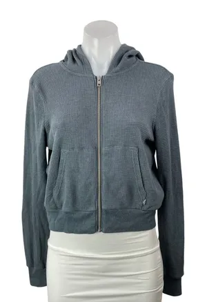 Aritzia TNA Blue Waffle Knit Thermal Full Zip Cropped Hoodie Hooded Sweatshirt S thumbnail 1