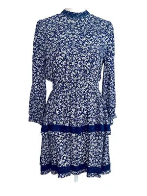 Chelsea & Violet Mini Floral Print Tiered Ruffle Long Sleeve Dress S Blue NWT thumbnail 2