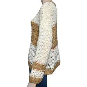 Free People Women’s Size S Tan Beige Cream Striped Color Block Loose Fit Sweater thumbnail 3