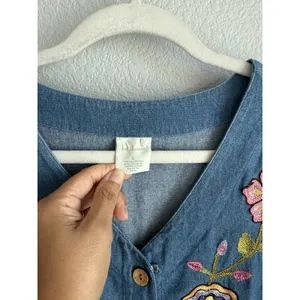 Vintage Embroidered Denim Dress Bechamel Button Front Cottagecore Grandma Core L thumbnail 7