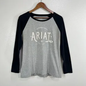 Ariat‎ REAL Women L Large Baseball Tee Shirt Grey Black Raglan Long Sleeve Logo thumbnail 2