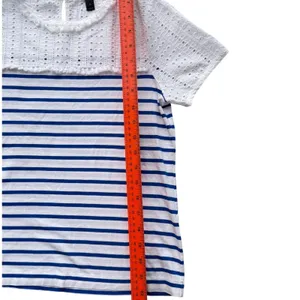 J.Crew Womens XS Mixed Media Eyelet Lace Striped Short Sleeve Top Blue White thumbnail 5