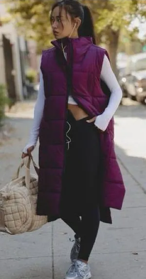 Free People On The Move Packable Puffer Long Vest in Black Cherry. Size Small thumbnail 1