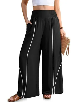 TARSE Medium Wide Leg Palazzo Pants Black Linen Blend Contrast Stitch Boho Viral thumbnail 1