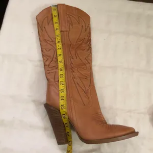 Brown Tan Abilene Alan genuine leather 4” heeled knee high western cowboy/cowgirl boots flame embroidery -Size 9.5B Measurements in pics Like new 2000s Y2K boho indie hippie streetwear festival concert thumbnail 3
